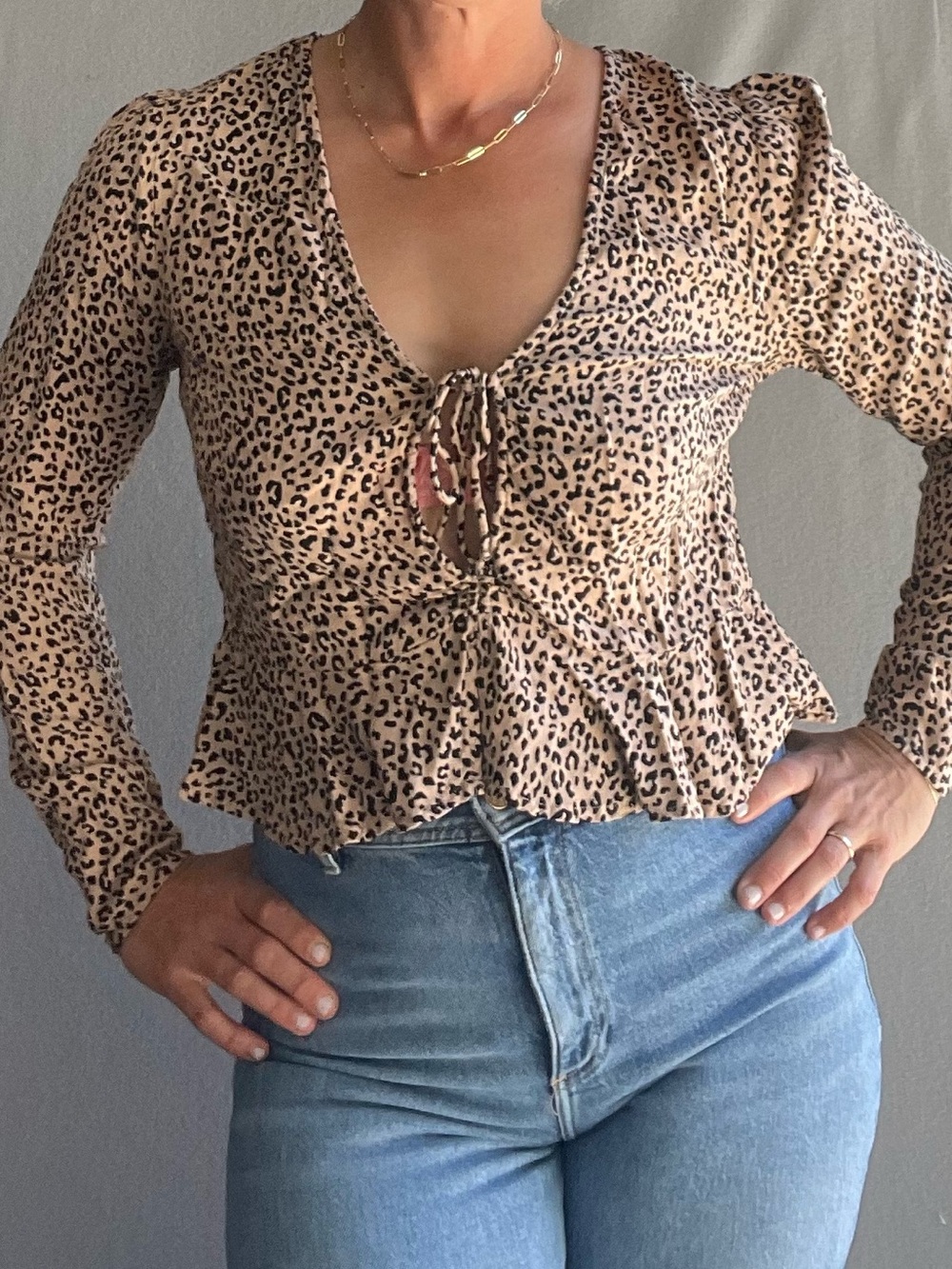 AFRM Leopard Print Tie Front Top Women’s XL Long Sleeve Y2K Going Out Blouse